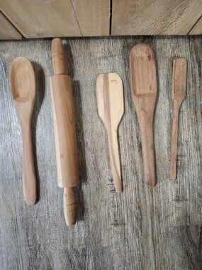 vintage hand carved rolling pin and spoons,spatulas